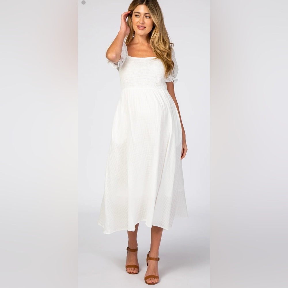 NWT White Smocked Puff Sleeve Maternity Midi Dress from Pinkblush